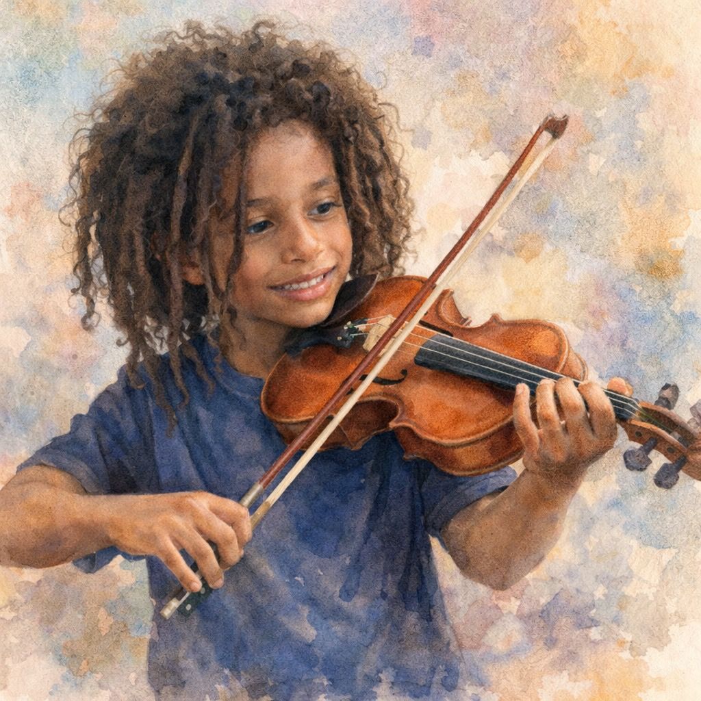 Watercolor-style painting of a smiling child in a blue shirt playing the violin.